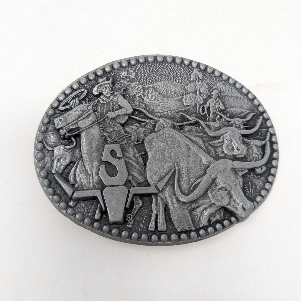 Western Silver Belt Buckle with Cowboy and Cattle Design Zee Series